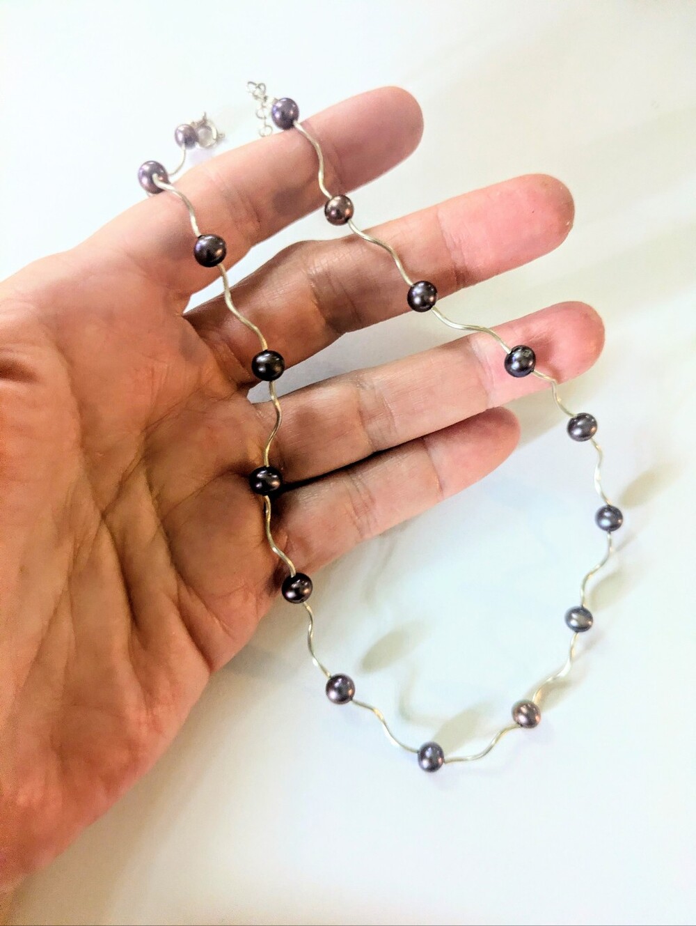 Sterling Silver Purple Peacock Freshwater Pearl Wavy Bar Choker Station Necklace
